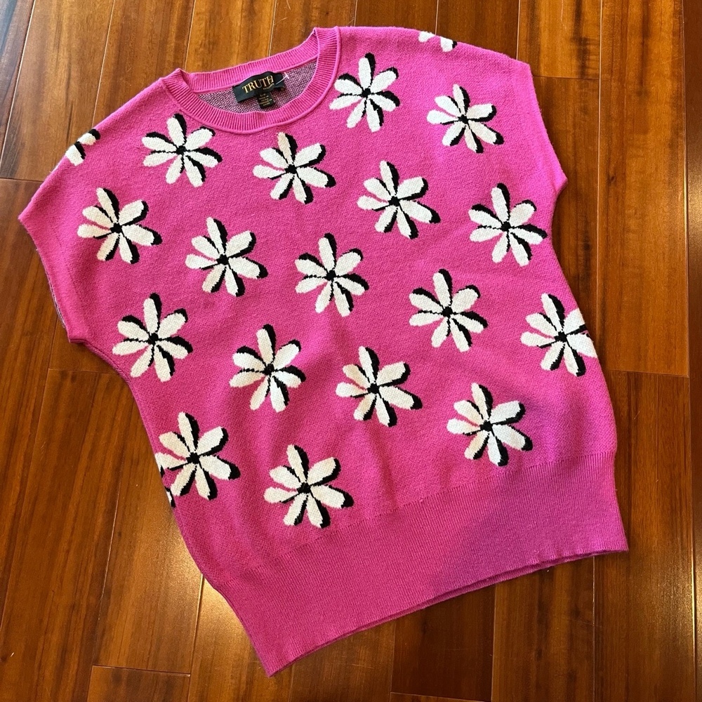Truth By Republic Pink Sweater Short Sleeve Floral Print Pullover Size Small‎